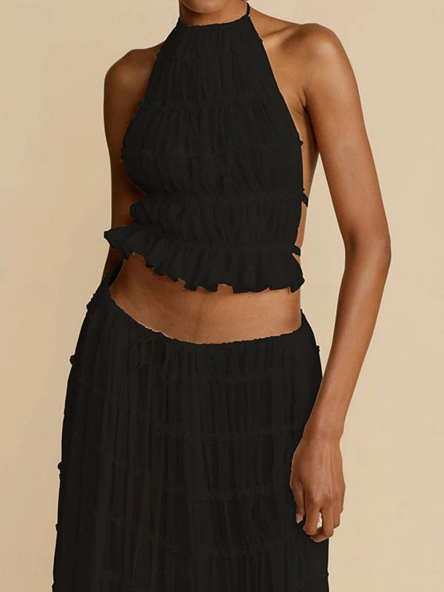 Women's Two Piece Sets Skirt Sets Sleeveless Halter Neck Solid Color Plain Patchwork Fashion Streetwear Casual Daily Outdoor Blue Black Yellow Summer Regular Fit 2026 - $33.99 –P6