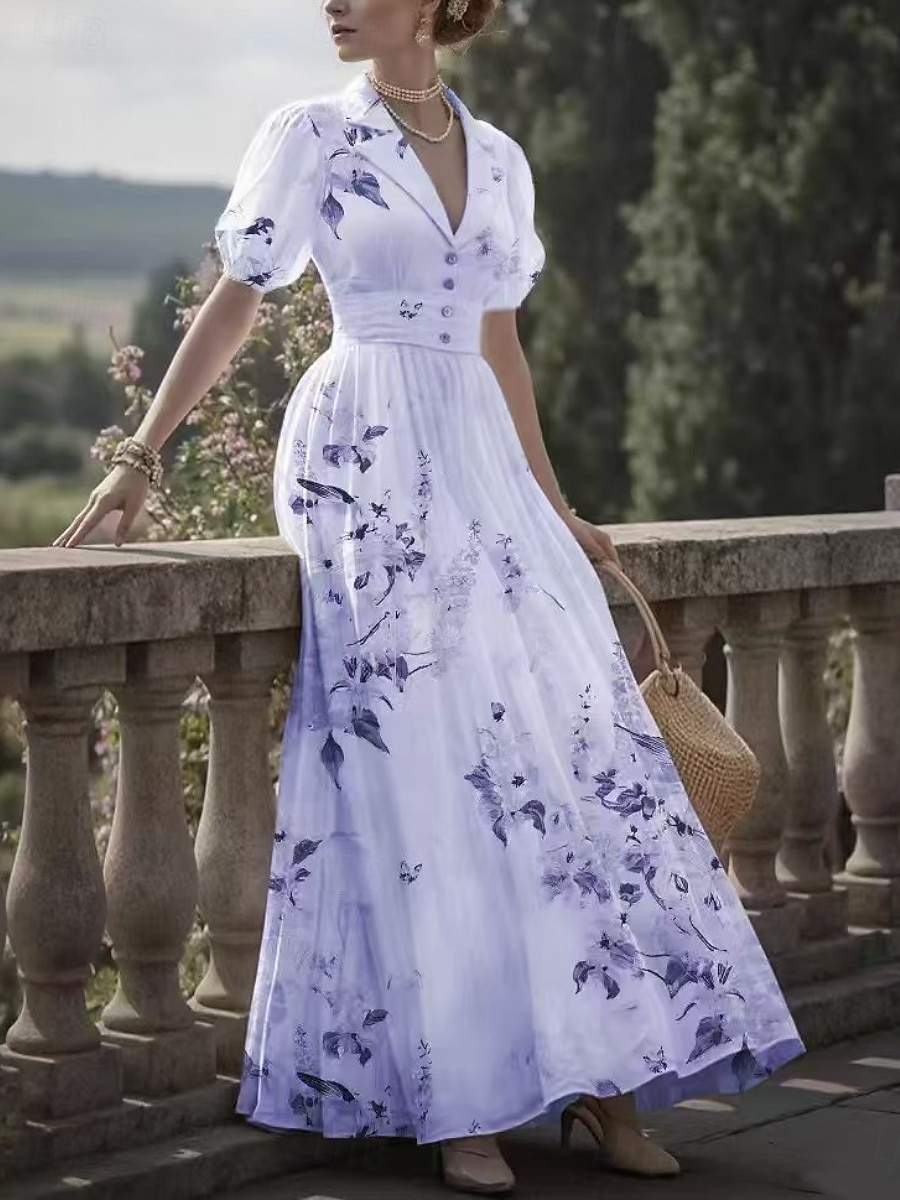 Mulheres Vestido Longo Vestido A Line Casual Ao ar livre Para Noite Normal Floral Manga Curta Decote V Rosa Roxo Damasco Verão Primavera de 2026 por $43.99 –P3