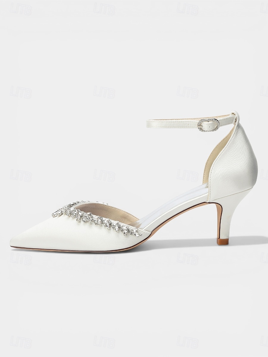 Zapatos de tacón bajo de satén rosa para mujer, zapatos de salón con tira en el tobillo y punta afilada con pedrería para cócteles y bodas. &eventos nocturnos 2026 - $64.99 –P5