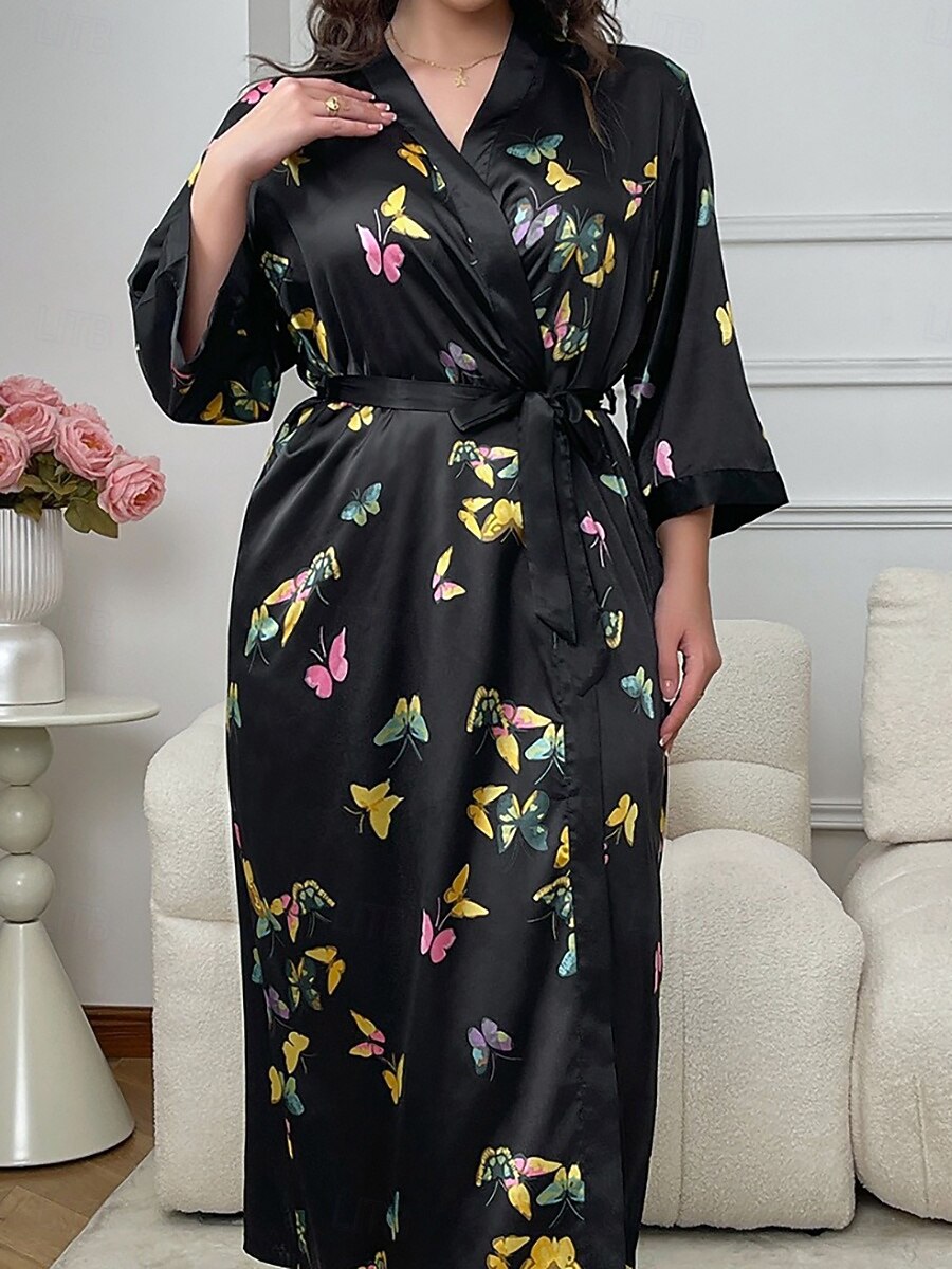 Women's Loungewear Robe Nightgown Fashion Casual Graphic Butterfly Satin Silky Pajamas Pyjamas Patchwork Dress Home Vacation Long Sleeve V Neck Black Summer Spring Regular Fit Loose Fit 2026 - $28.99 –P2