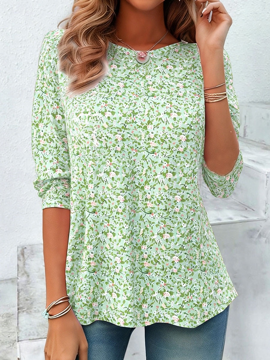 Per donna Maglietta Stampato Floreale Grafico Piante Elegante Classico Moderno Manica Lunga Girocollo Top Regolari Quotidiano Weekend Abbigliamento da vacanza Blu Rosa Verde Estate Primavera del 2026 a $24.99 –P1