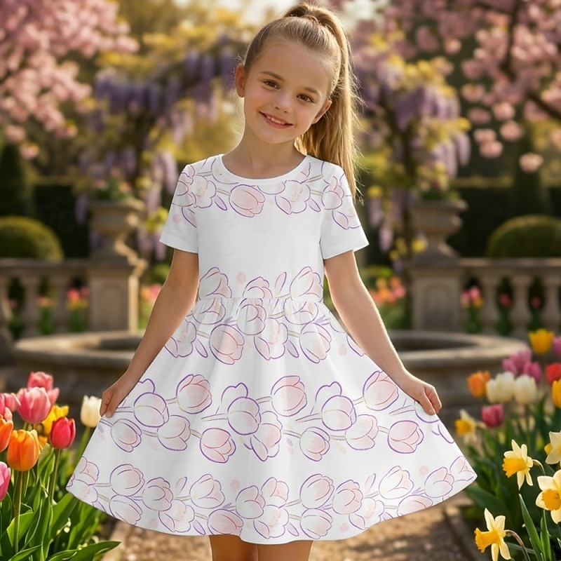 Girls' 3D Floral Graphic Dress Short Sleeve 3D Print Summer Spring Daily Vacation Party Cute Basic Casual Kids 4-12 Years Casual Dress A Line Dress Knee-length Regular Fit 2026 - $10.99 –P1