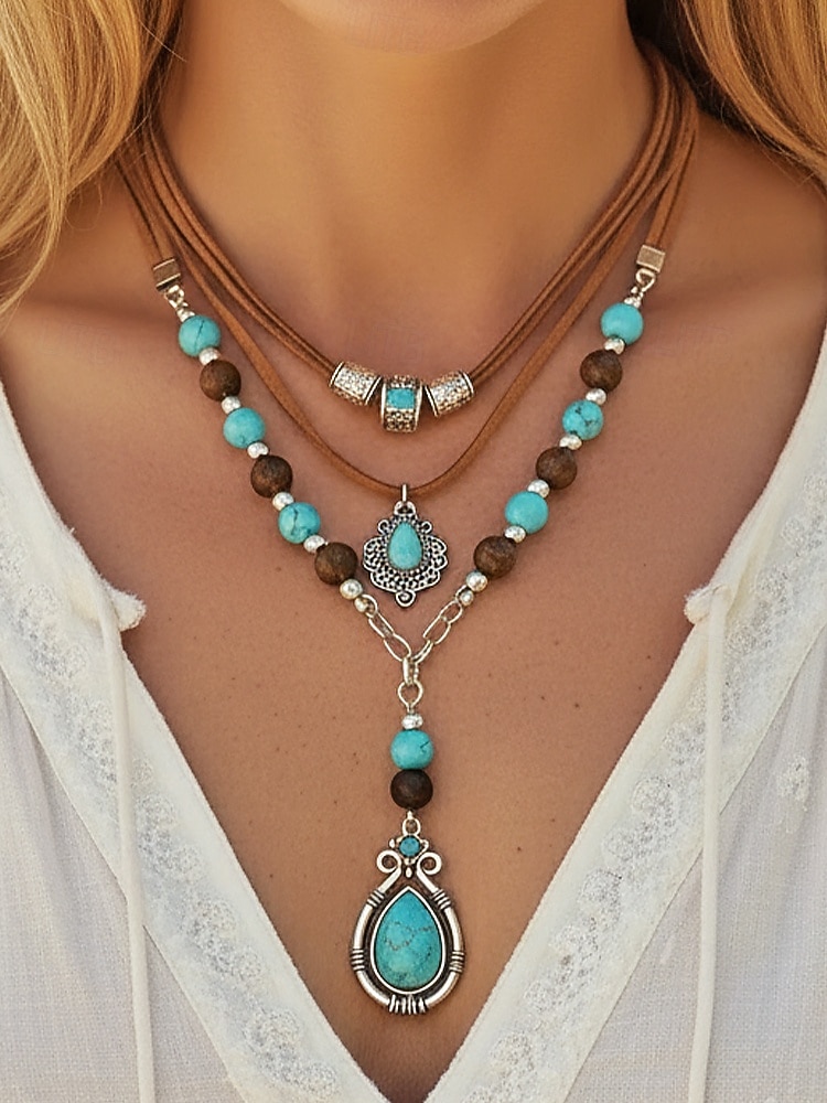 Women's Bohemian Alloy and Turquoise Necklace Set, Layered Statement Jewelry for Beach Vacation, Resort Wear, Casual Summer Outfits and Everyday Boho Styling 2026 - $11.99 –P2