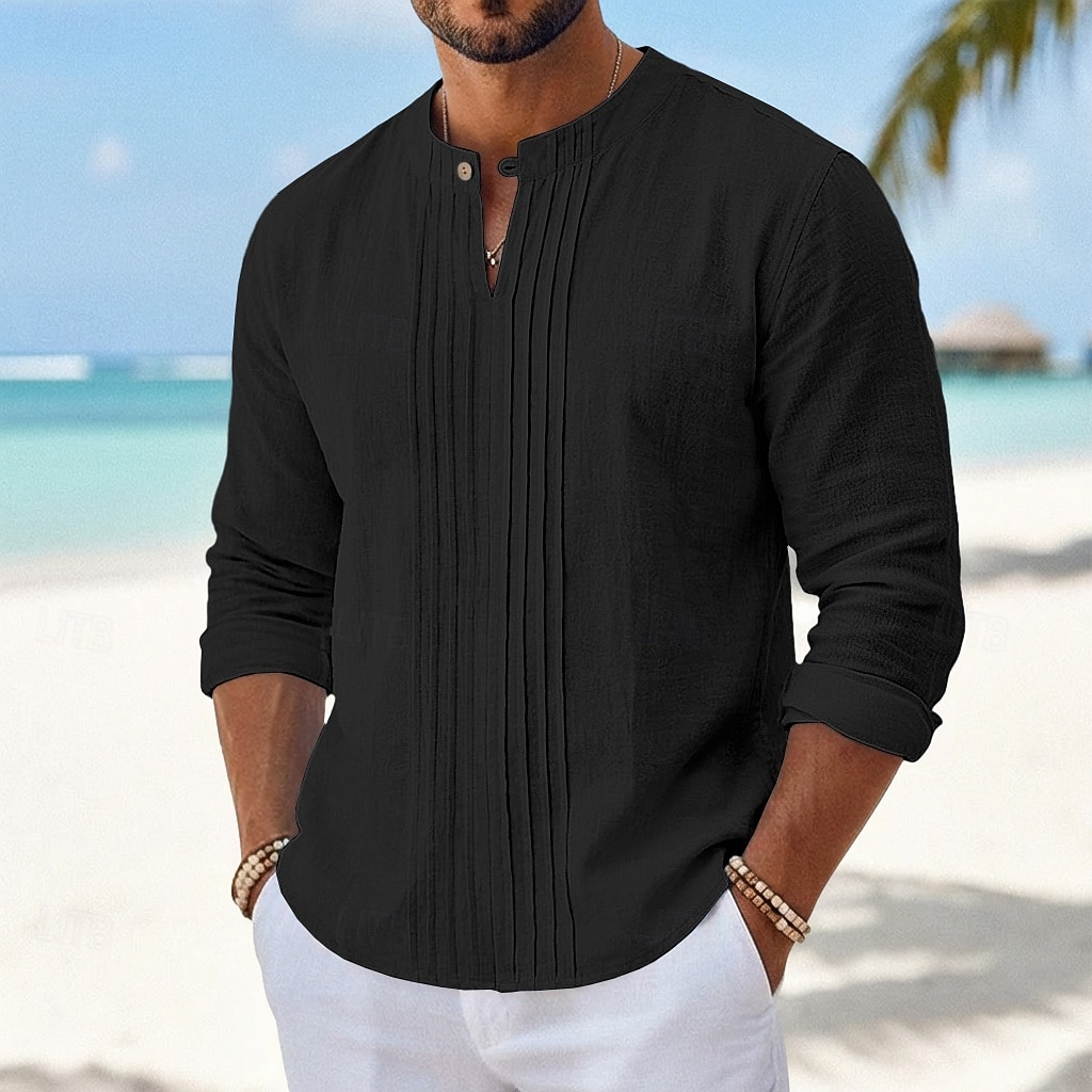 Herren Hemd Leinenhemd Sommerhemd Strandhemd Einfarbig Lässig Urlaub Blau Schwarz Weiß Khaki Langarm Mandarinkragen Sommer Bekleidung Gerafft 2026 - $25.99 –P8