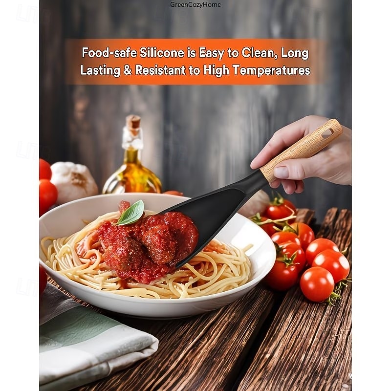Sada 2/3 lžic na vaření na nepřilnavé pánve, žáruvzdorné matné silikonové náčiní s dřevěnými rukojeťmi, ideální pro míchání, nabírání, vaření a servírování, odolné kuchyňské náčiní pro domácnost a 2026 - $15.99 –P2