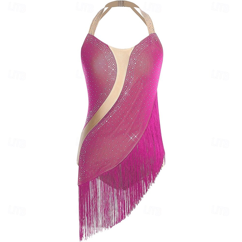 Women's Magenta Latin Dance Dress - Halter Neck Sparkly Rhinestone Fringe Dress for Ballroom, Salsa & Performance 2026 - $305.39 –P2