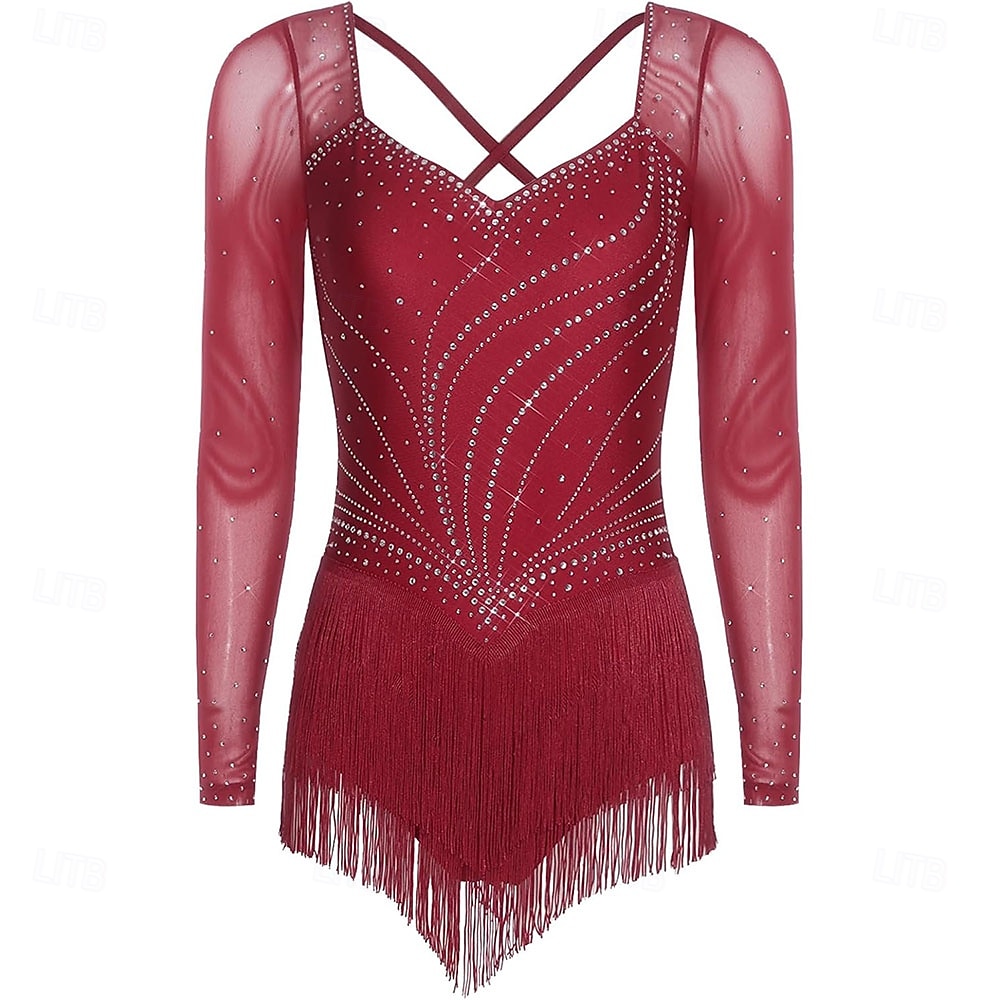 Women's Burgundy Latin Dance Dress - Rhinestone Mesh Long Sleeve Rhythmic Tassel Costume for Ballroom & Competition 2026 - $305.39 –P3