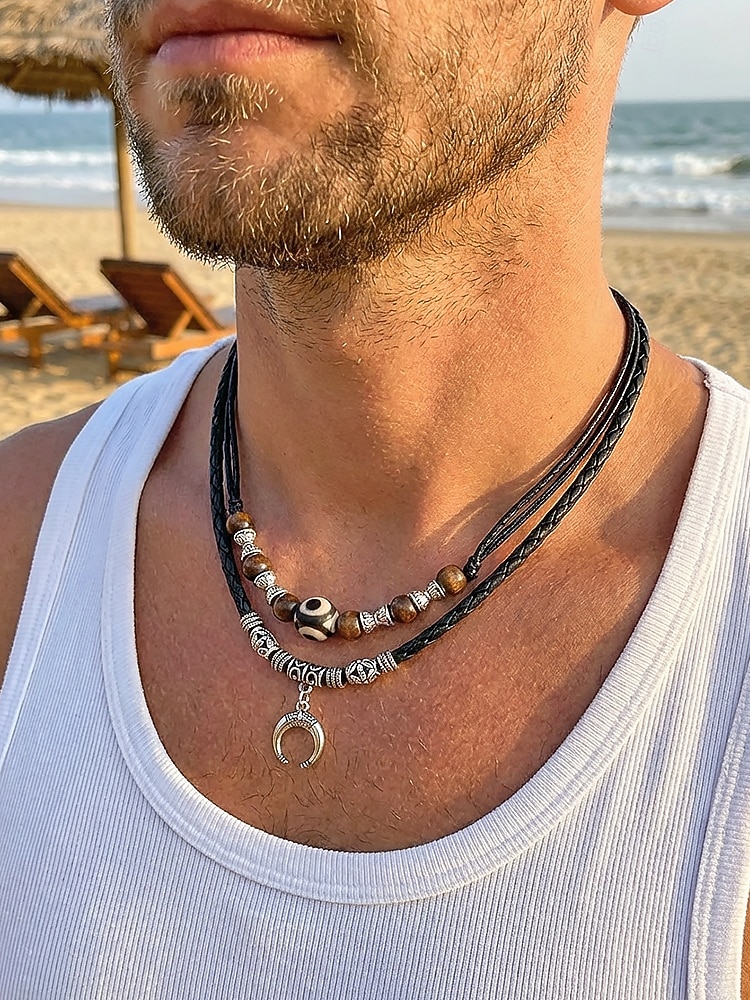 Men's Bohemian Style Double-Layer Necklace, Alloy & Leather Cord Mixed Material, Crescent Moon Pendant, Adjustable, Perfect for Beach Vacation, Daily Casual Wear 2026 - $9.99 –P2