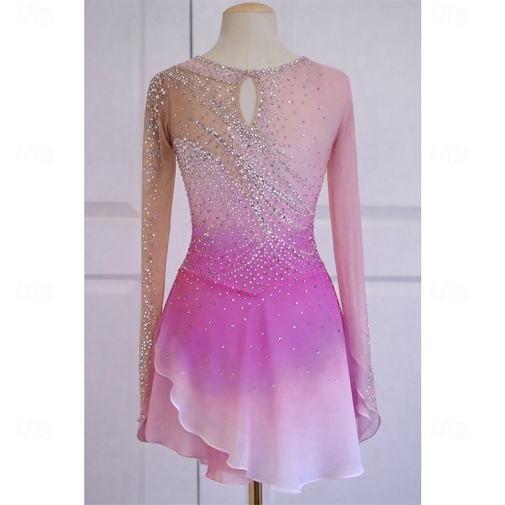 Abito da pattinaggio artistico Ragazze Pattinaggio sul ghiaccio Vestito Rosa Patchwork Orlo asimmetrico Elasticizzato Allenamento Competizione Vestiti da pattinaggio sul ghiaccio Classico Cristallo del 2026 a $280.69 –P2