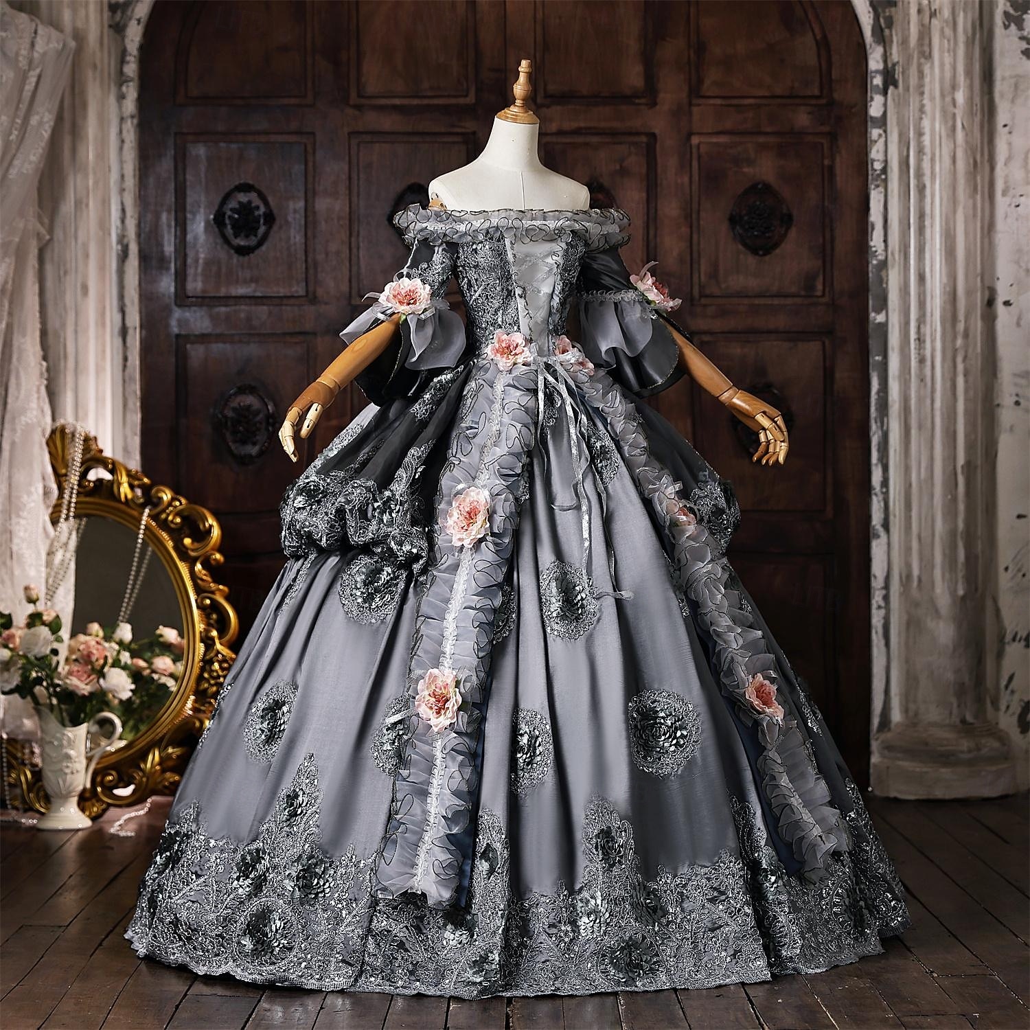 Rococo Baroque Ball Gown Floor Length Dress Ball Gown Short Sleeves Princess Gentlewoman Bridal Floral Off the Shoulder Ball Gown Fancy Dress Women's Royal Halloween Carnival Masquerade Tea Party 2026 - $328.59 –P2