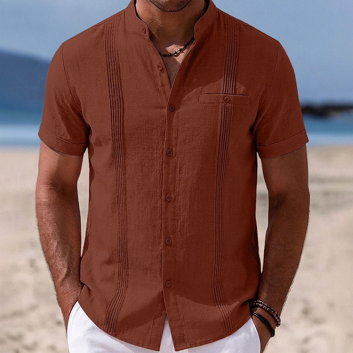 Herr Skjorta Linneskjorta Sommarskjorta Strandskjorta Hawaii skjorta Ensfärgat Ledigt Dagligen Blå Mörkgul Svart Marinblå Kortärmad Krage Vår & sommar Sommar Kläder Rynkad 2026 - $25.99 –P5