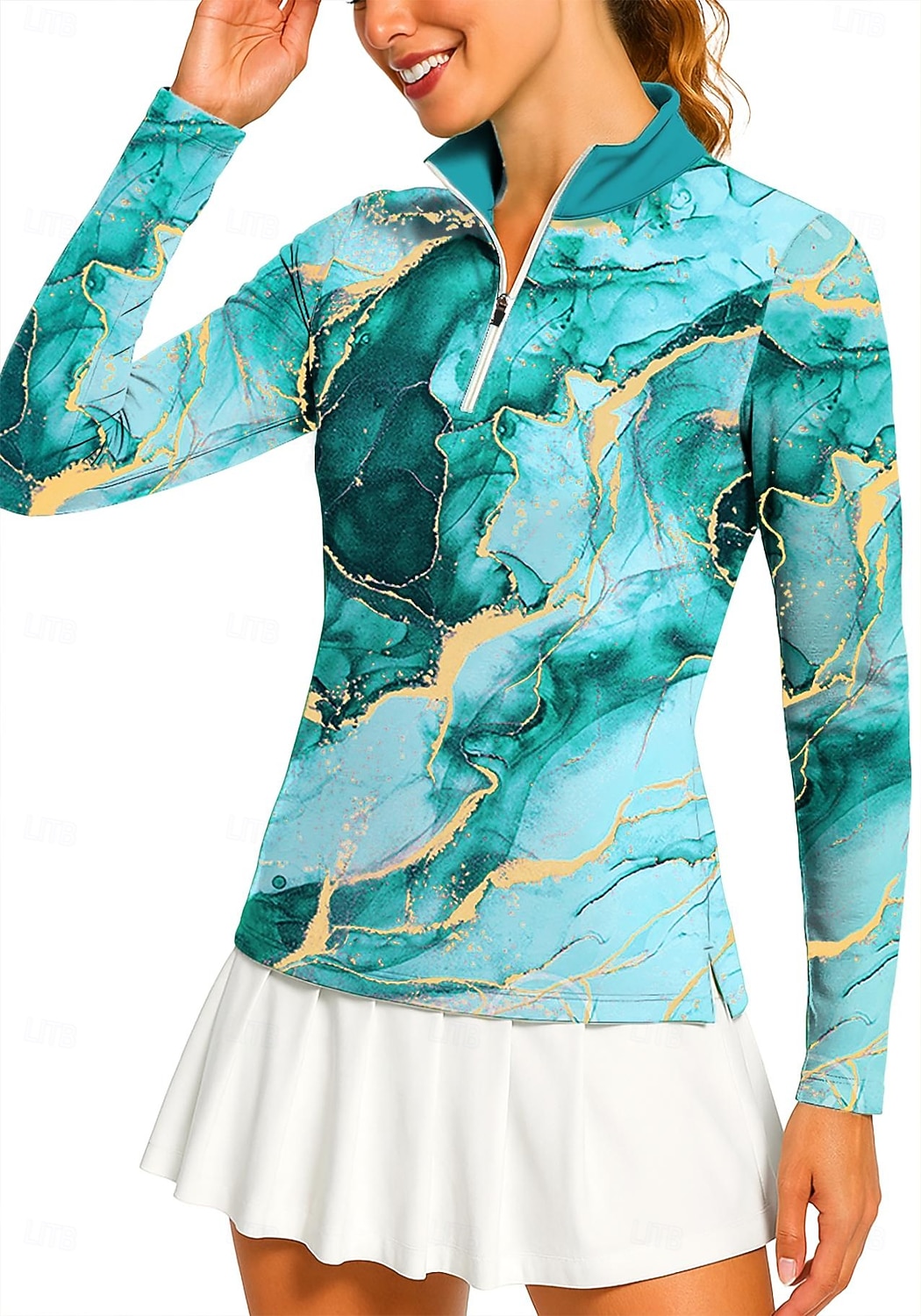 Damen Marmor Golf-Poloshirt Tennis Shirt Tennis-T-Shirt Langarm Druck Viertel Postleitzahl Pullover UV Schutz Elastisch Atmungsaktiv Volleyball Tennis Golfspiel Stehkragen Reißverschlusskragen Hemd 2026 - $25.99 –P5