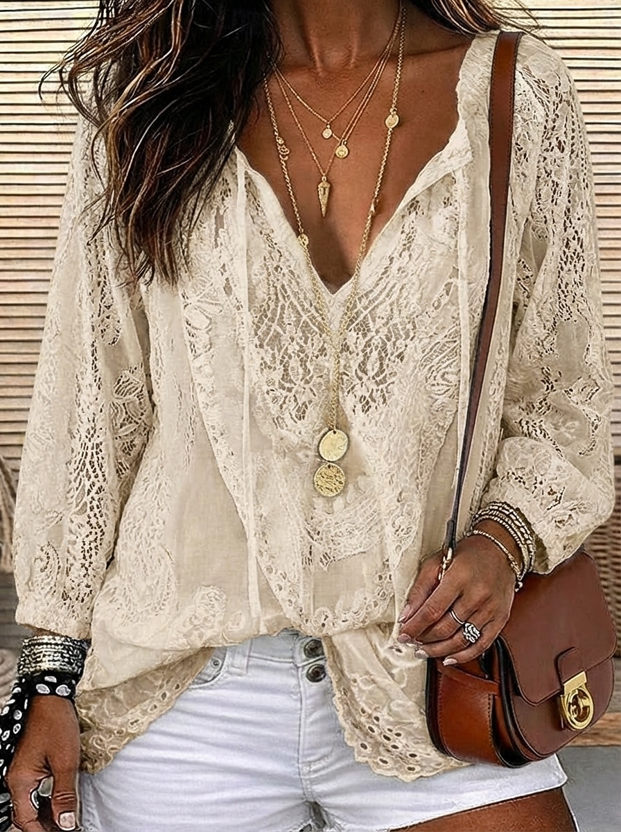 Női Ing Boho ing Blúz Csipke felsők Csipke Tömör szín Virágos Alap Alkalmi Hosszú ujj V-alakú Normál felsők Hétköznapi Napi Fehér Arcpír rózsaszín Khakizöld Nyár Tavasz 2026 - $26.99 –P2
