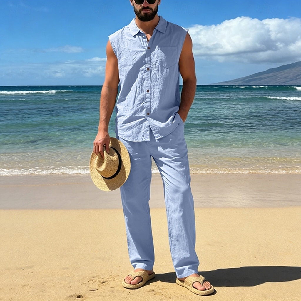 Male Linen Shirt 2 Piece Shirt Set And Linen Pants Trousers Casual Pants Set Plain Daily Outdoor Vacation Turndown Sleeveless Summer Fashion Casual Comfortable Clothing Apparel 2026 - $36.99 –P19