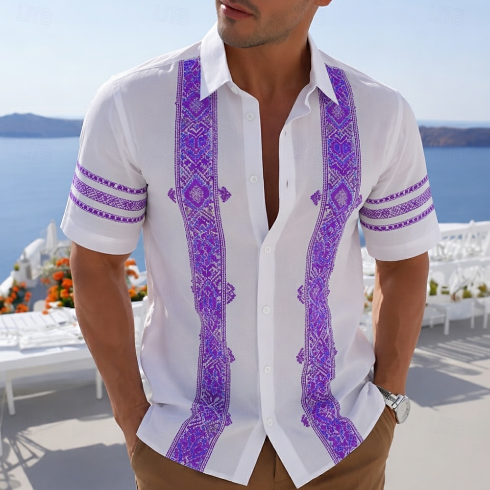 Men's Geometric Grid / Plaid Ethnic Shirt Guayabera Shirt Button Up Shirt Short Sleeve Vintage Retro Daily Outdoor Vacation Summer Spring Turndown 3D Print Linen Like Shirt Blue Purple Green 2026 - $25.99 –P3