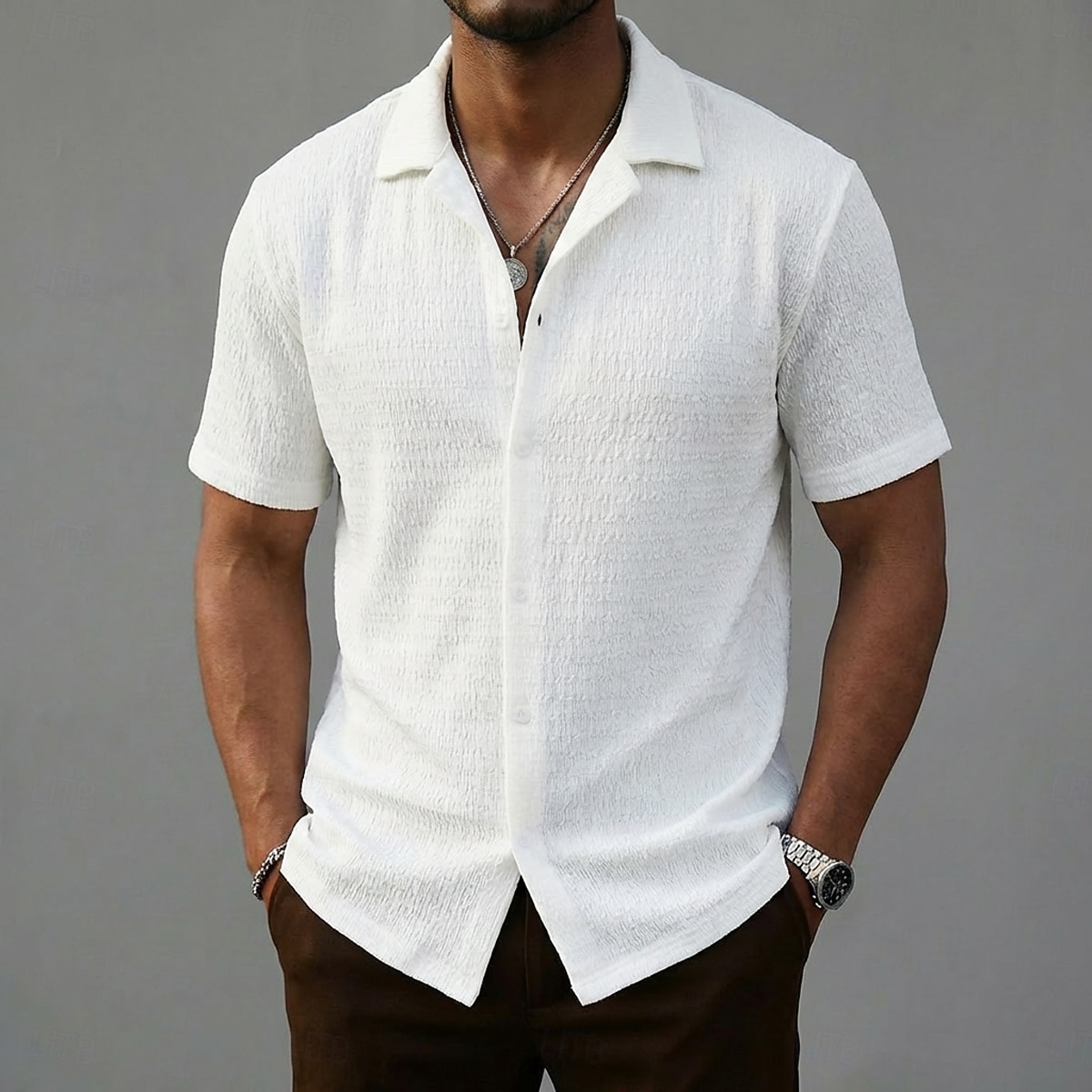 Men's Shirt Texture Button Down Shirt Seersucker Shirt Jacquard Shirt White Short Sleeve Geometric Cuban Collar Casual Daily Jacquard Clothing Apparel Streetwear Casual 2026 - $21.99 –P1