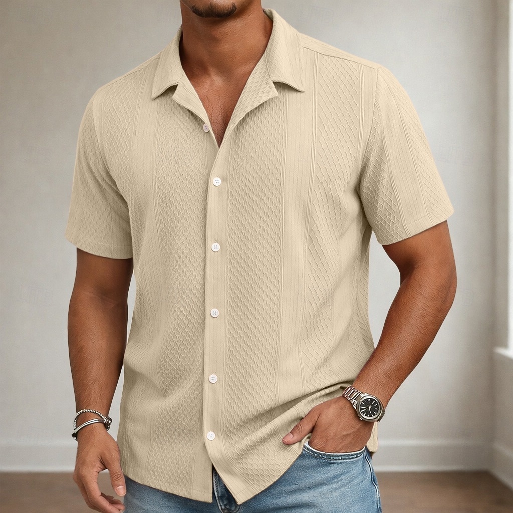 Men's Shirt Casual Shirt Button Up Shirt Jacquard Shirt Black White Pink Navy Blue Apricot Short Sleeve Plain Shirt Collar Casual Daily Clothing Apparel Elegant Fashion Casual 2026 - $26.99 –P3