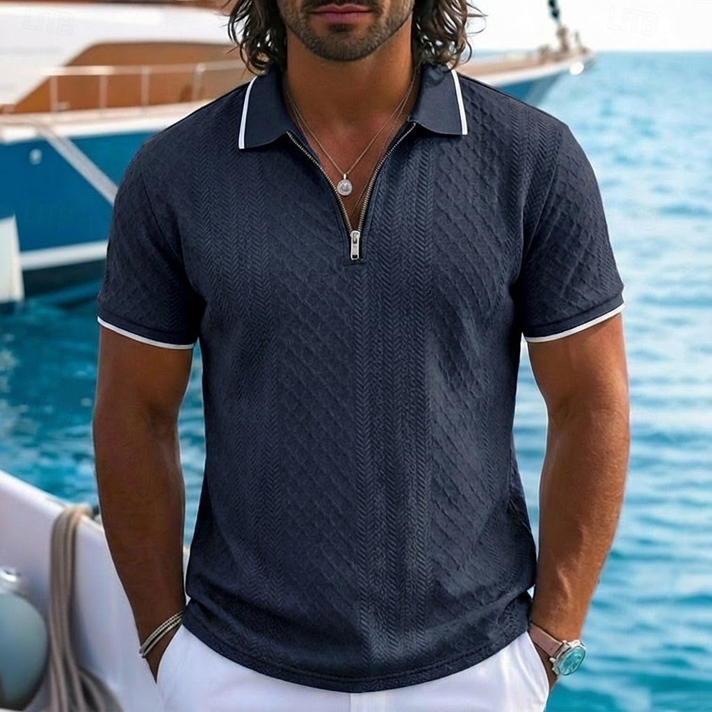 Homens Polo com zíper Textura Casual Feriado Lapela Quarter Zip Manga Curta Moda Básico Tecido Jacquard Quarter Zip Verão Normal Azul Claro Preto Branco Vinho Azul Marinha Caqui Polo com zíper de 2026 por $22.99 –P10