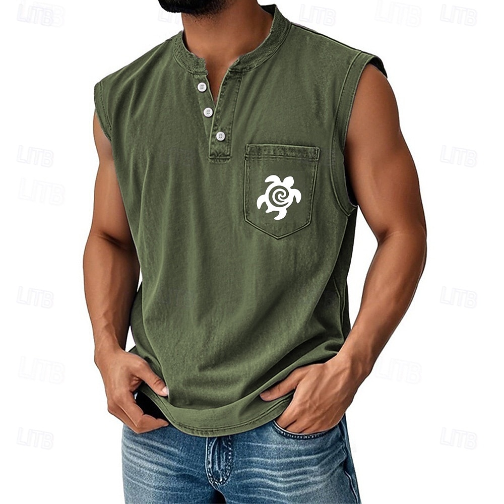 SoftFade™ Men's Vest Top Demin Shirt Sleeveless Henley Spring Graphic Plain Basic Garment Dyed Faded Vintage Washed Vacation Street Going out Black Dark Green Khaki Top Tee for Men 2026 - $28.99 –P4
