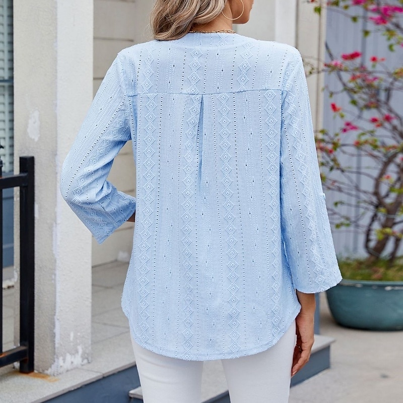 Women's Texture Blouse Eyelet Top Pointelle Tee T Shirt Eyelet Striped Fashion Classic Casual Long Sleeve V Neck Regular Tops Casual Daily Beach Black White Navy Blue Sky Blue Orange Summer Spring 2026 - $28.99 –P12