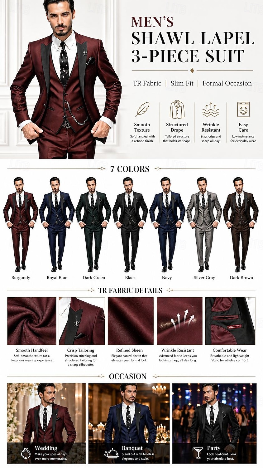 Dreiteiliger Herren-Smoking in Burgunderrot, Slim Fit – ideal für Hochzeiten, Abschlussbälle und Dinnerpartys. Bestehend aus einem einreihigen Blazer mit Schalkragen, Weste und Hose. Erhältlich in Schwarz, Blau und Grün. 2026 - $129.99 –P1