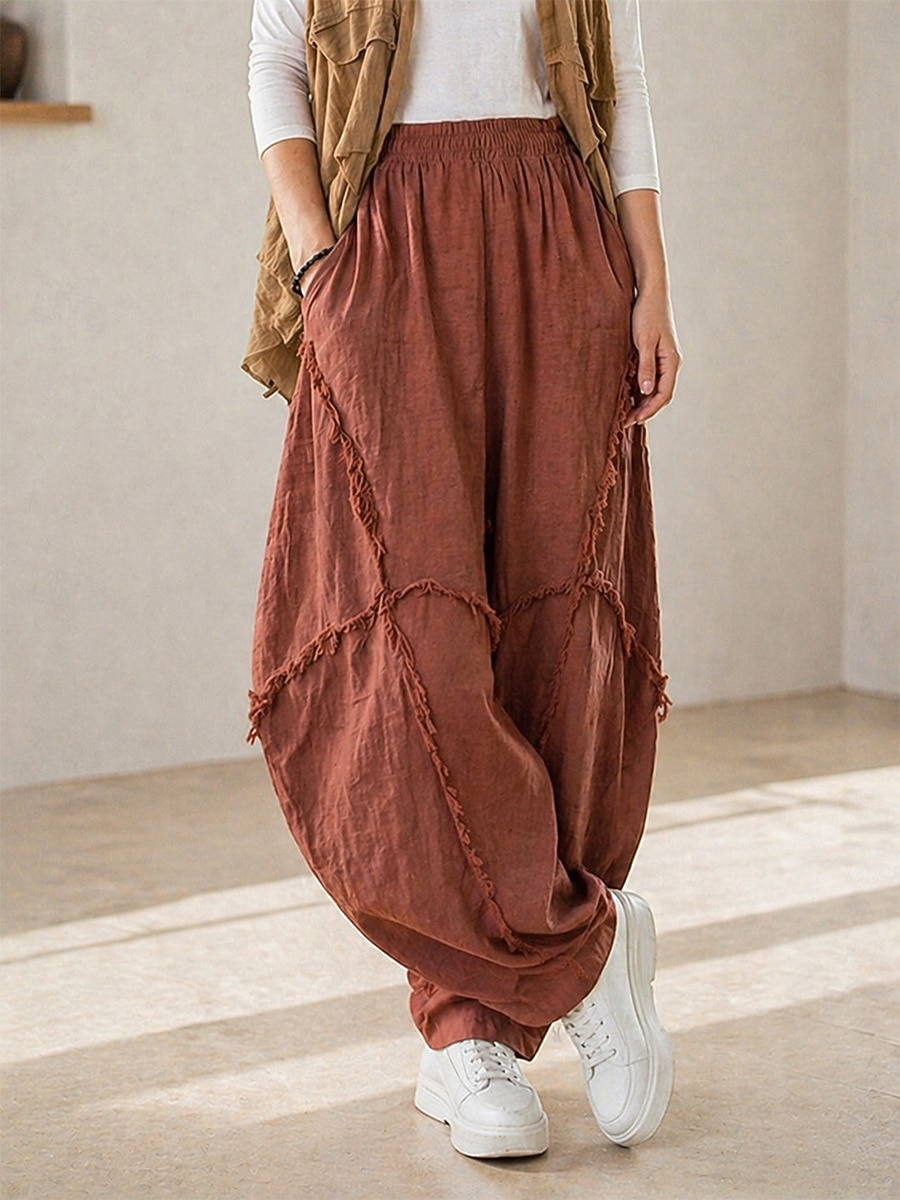 70% Linen Women's Linen Pants Chinos Summer Pants Bloomers Vacation Streetwear Basic Full Length Medium Waist Plain Pocket Elastic Waistband Inelastic Daily Outdoor rice white Coffee Fall Winter 2026 - $52.99 –P6