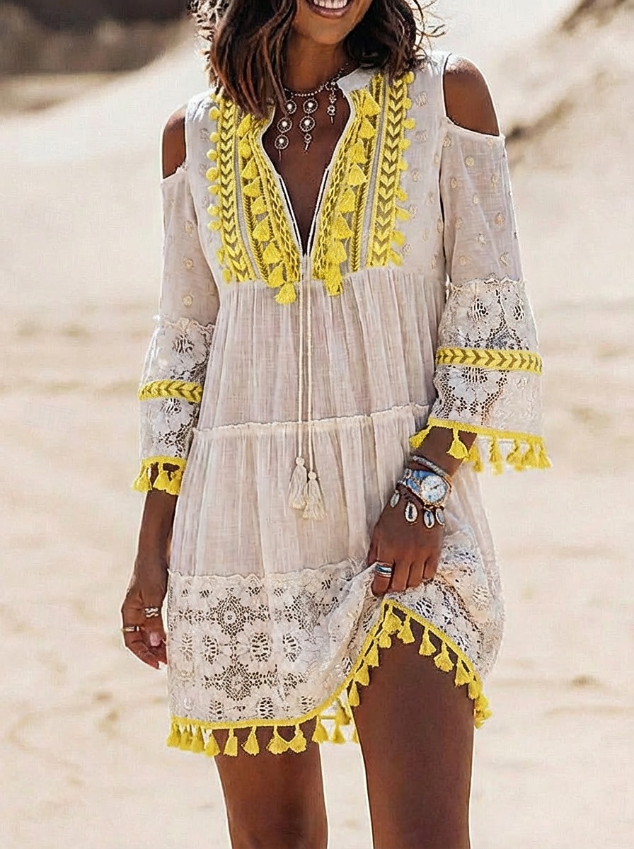 white and gold boho dress Mandala Dress White Long