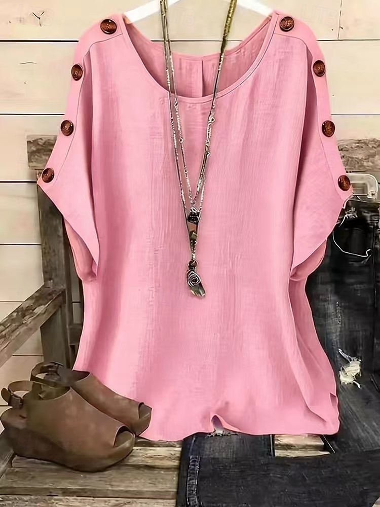Damen T Shirt T-Shirt Knöpfe Einfach Mode Stilvoll Klassisch Kurzarm Rundhalsausschnitt Normale Oberteile Täglich Ausgehen Wochenende Blau Weiß Gelb Rosa Orange Sommer Frühling 2026 - $19.99 –P4