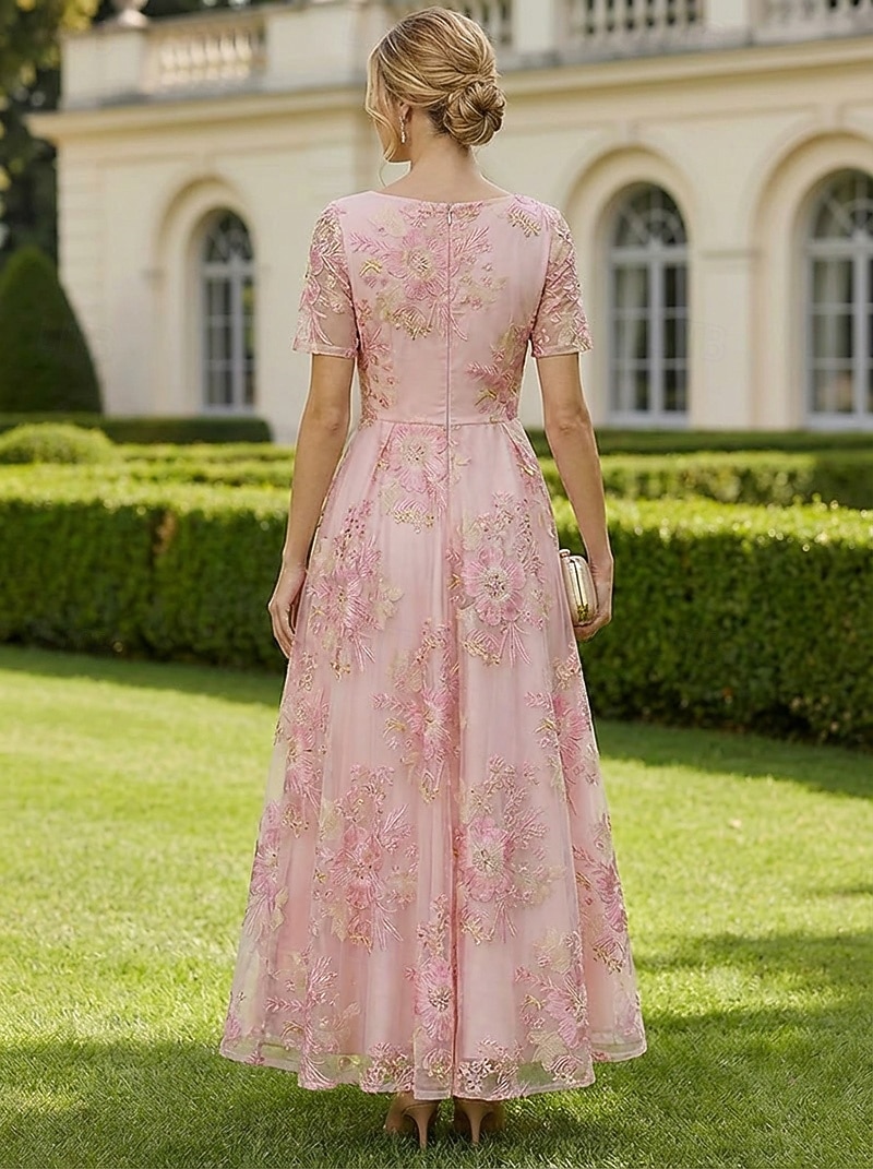 A-linje Ankellengde Te-lengde Floral kjole Cocktailkjoler Elegant Blomster Semiformell / Cocktailfest Kortermet Båthals Hage fest Bryllup Organza Jacquard med Plissert 2026 - $164.69 –P3