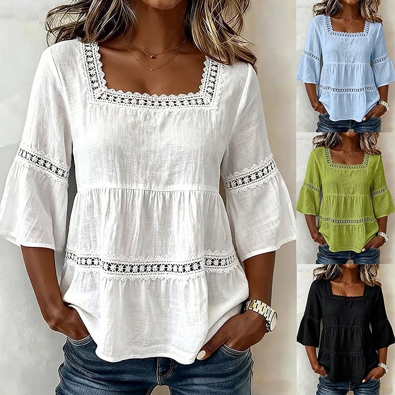 Haut classique en coton et lin pour femme, élégant, à empiècements de dentelle et volants superposés, manches 3/4, col carré, coupe droite, idéal pour un look décontracté au quotidien. Disponible en de 2026 ? $13.99 –P1
