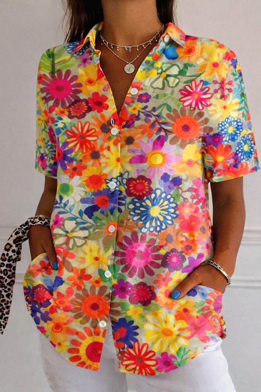 Women's Shirt Button Down Shirt Casual Shirt Summer Tops Buttons Print Floral Graphic Vintage Stylish Modern Sleeveless Short Sleeve Shirt Collar Regular Tops Daily Green / Blue Pink Rainbow Summer 2026 - $26.99 –P1