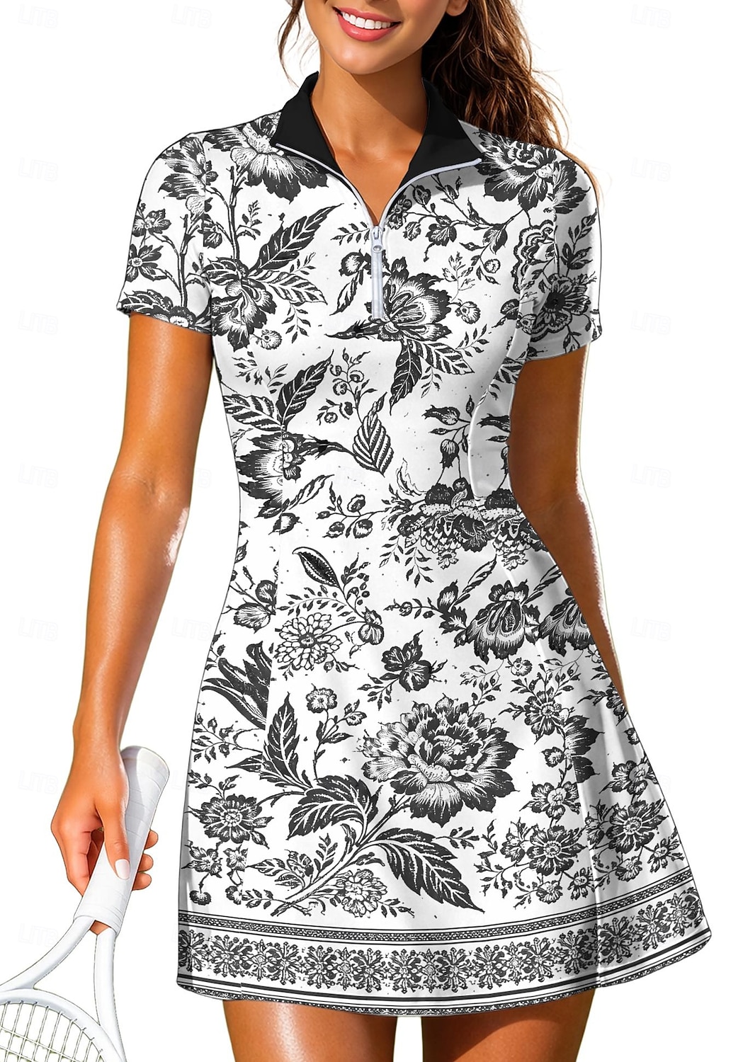 Damen Blumenmuster Böhmische Tenniskleid Sportkleid Kurzarm Druck Atmungsaktiv Volleyball Tennis Golfspiel Polokragen Reißverschlusskragen Kleid Blau und Weiß Schwarz Rosa Tennisbekleidung 2026 - $27.99 –P7
