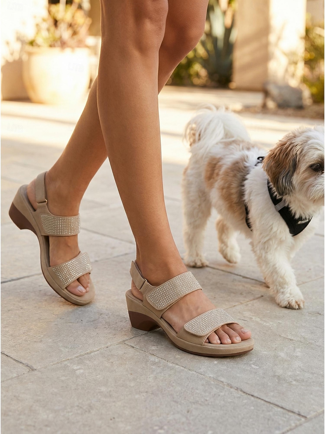 Women's Camel Rhinestone Comfort Heel Sandals with Adjustable Straps – Cushioned Chunky Heel Arch Support Sandals for Travel, Daily Wear, Garden Leisure & Casual Outfits 2026 - $42.99 –P3