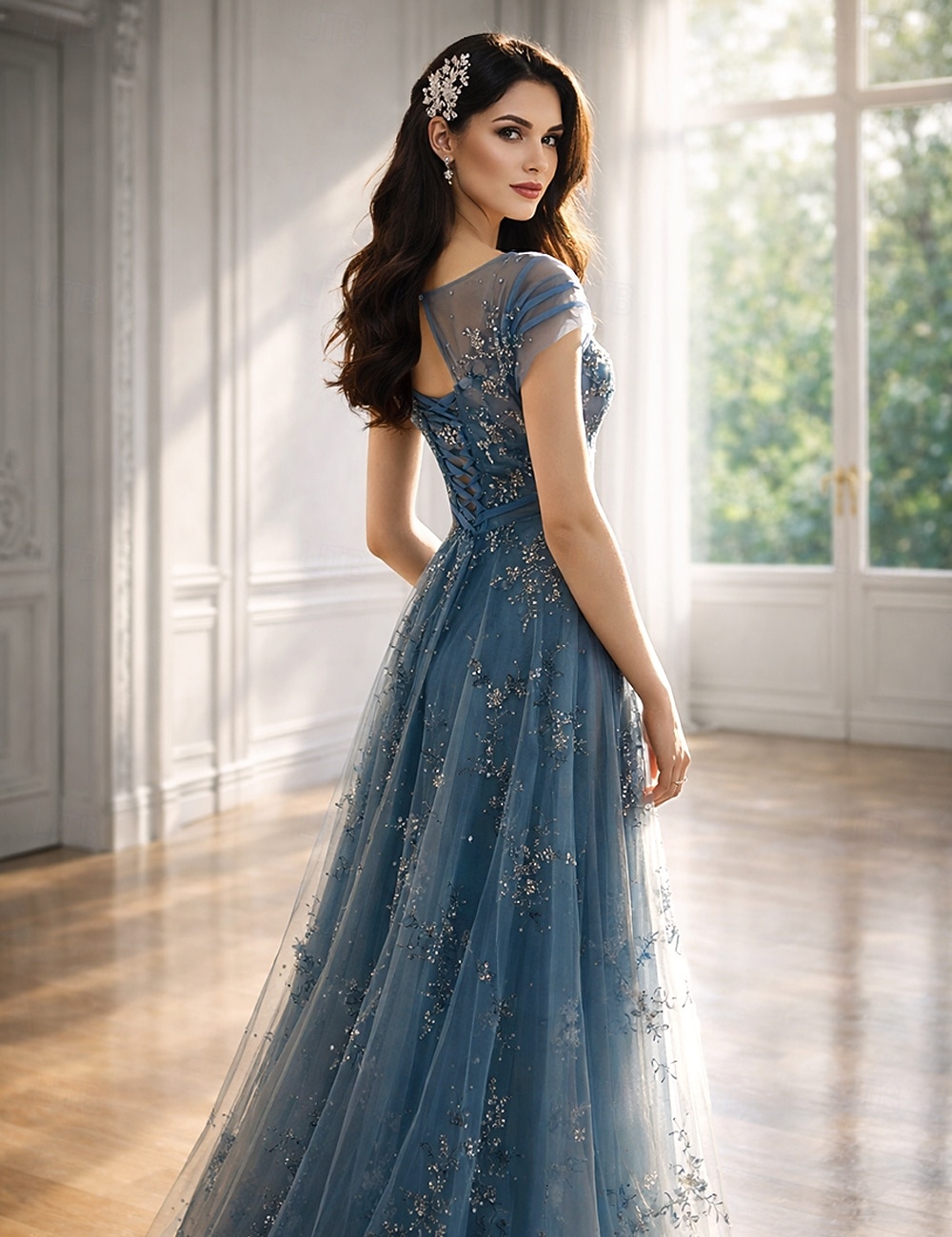 A-linje Golvlång Balklänningar Elegant Kortärmad Prydd med juveler Bröllopsgäst Bröllopsfest Tyll med Plisserat Applikationsbroderi 2026 - NZ $258.81 –P3