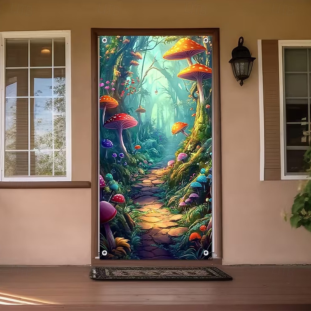 Fantasy Enchanted Forest Glowing Mushroom Door Banner Magic Fairytale Waterfall Nature Scenery Door Cover 3D Mystical Jungle Fireflies Wall Tapestry For Kids Room Bedroom Decor 2026 - $17.99 –P5