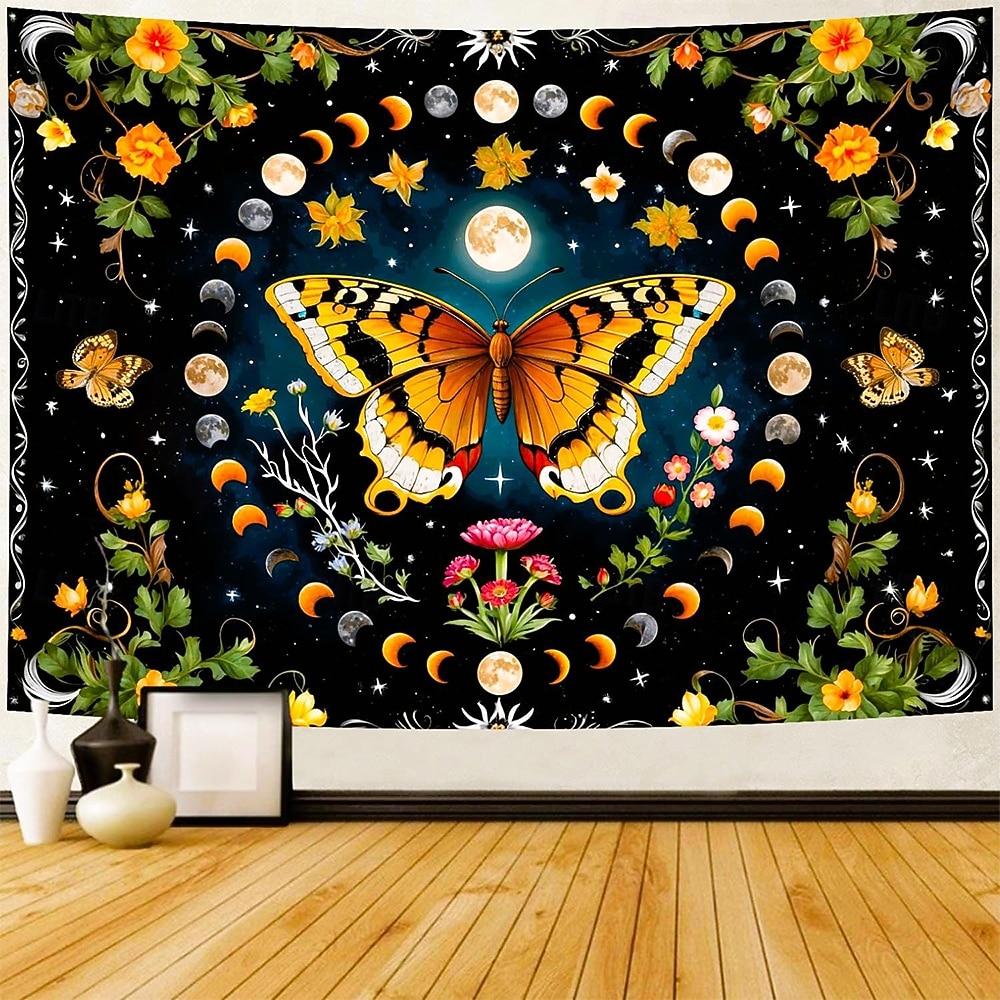 Boho mandala wandtapijt met halve maan, sterrenhemel en bloemen, wanddecoratie in verbrand oranje, hippie-psychedelische stijl, grote stoffen poster voor slaapkamer, studentenkamer, woonkamer, yoga en 2026 - $20.99 –P6