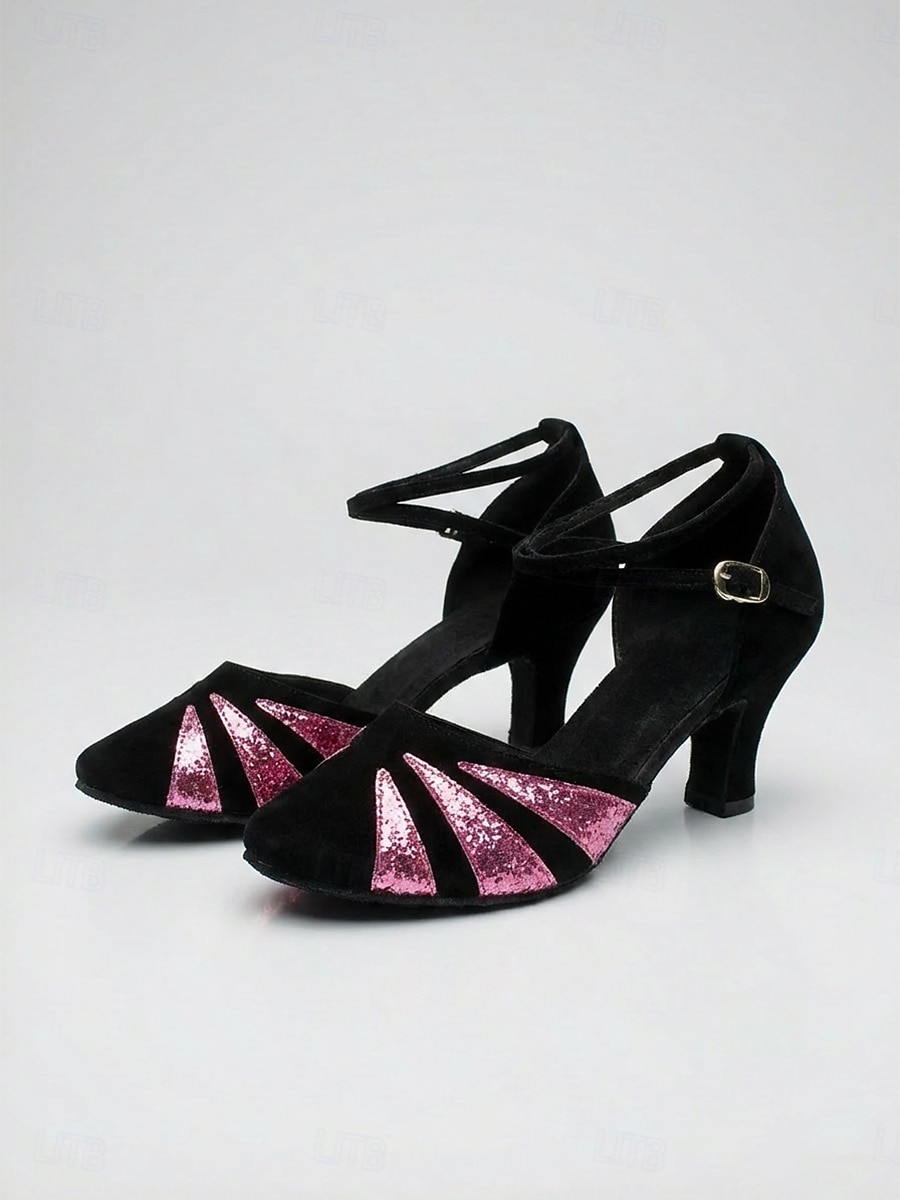 Zapatos de tacón de ante negro estilo Gran Gatsby de los años 20 para mujer: elegantes zapatos de salón rojos con purpurina y estampado de rayos de sol, con correa en el tobillo, ideales para fiestas 2026 - $34.99 –P4
