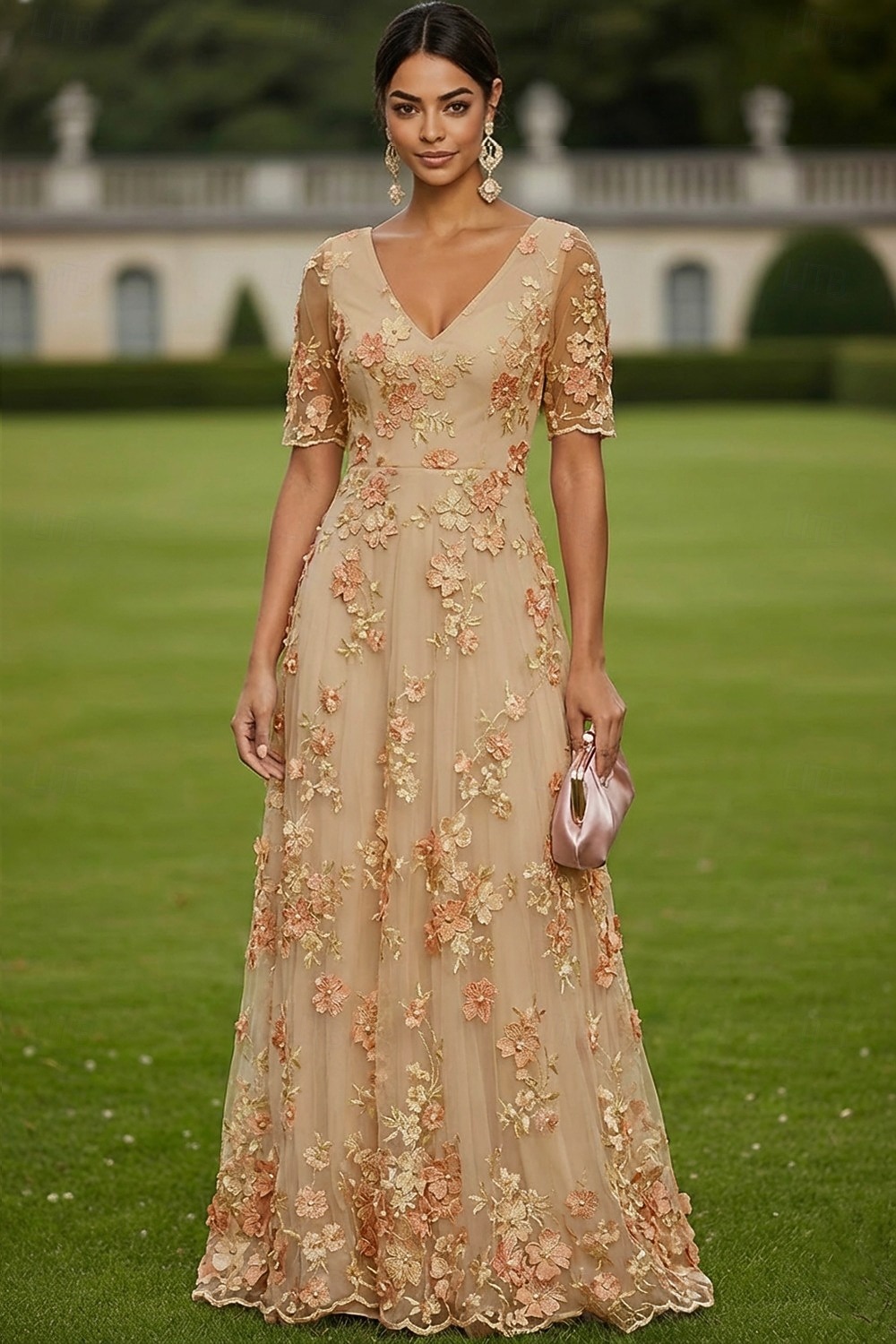 Linea ad A Abito Lunghezza al pavimento Vestito maxi Vestito da Festa Abito da Cocktail Abito da cerimonia per signora Manica Corta Scollo a V Elegante Vintage Lussuoso Formale Ospite di nozze Derby del 2026 a $182.99 –P7