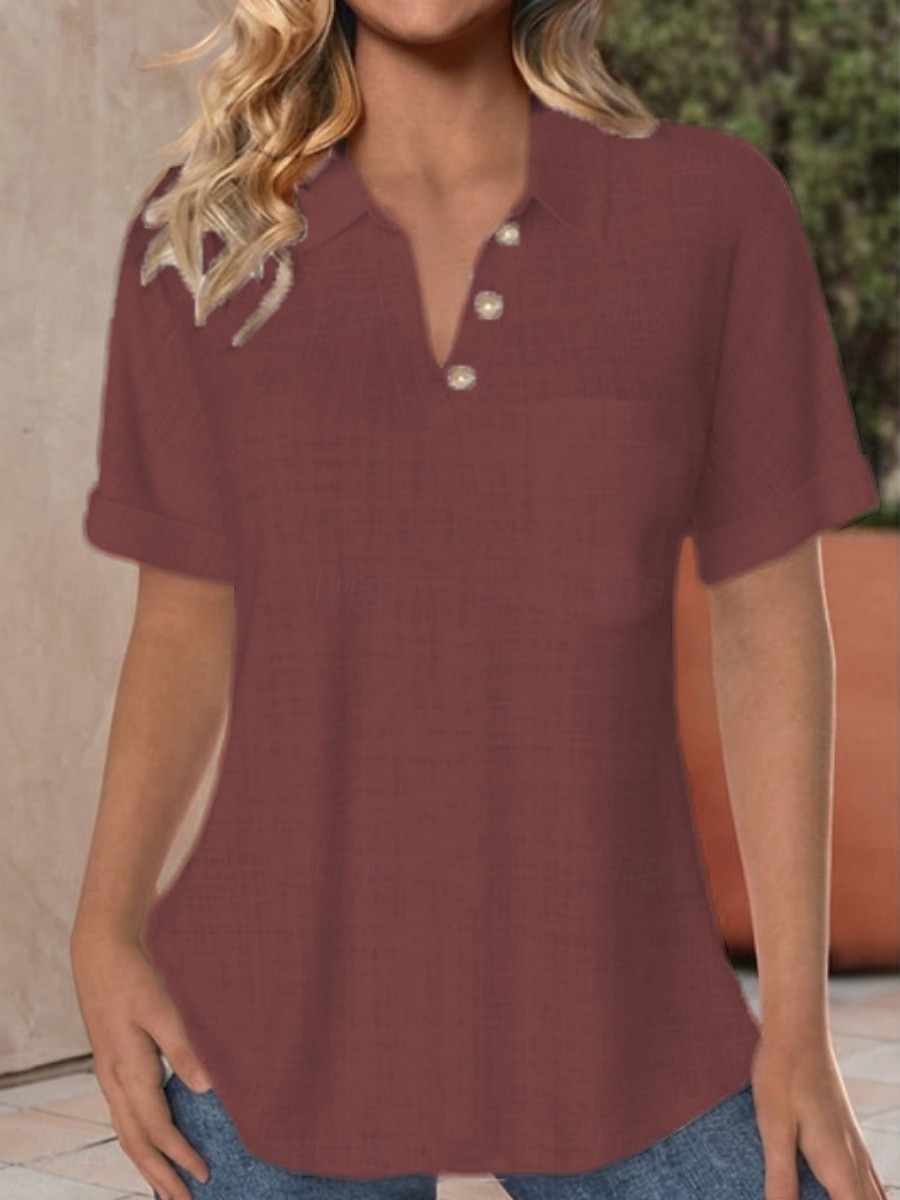 Damen Hemd Baumwoll-Leinen-Hemden Bluse Tasche Knöpfe Einfarbig Stilvoll Klassisch Modern Kurzarm V Ausschnitt Normale Oberteile Täglich Ferien Ausgehen Schwarz Weiß Aprikose Leicht Blau Sommer 2026 - $26.99 –P9