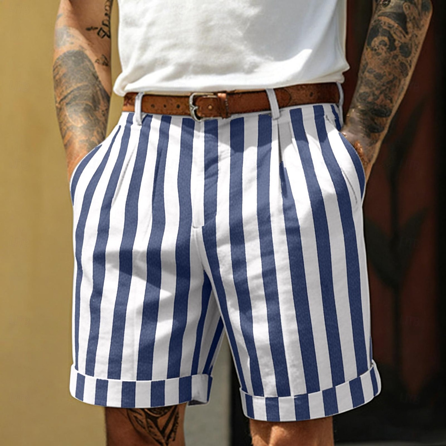 Hombre Pantalón corto Pantalones cortos de lino Pantalones cortos de verano Pantalones cortos de playa Bolsillo Cintura elástica A Rayas Comodidad Transpirable Longitud de la rodilla Casual Diario 2026 - $24.99 –P7