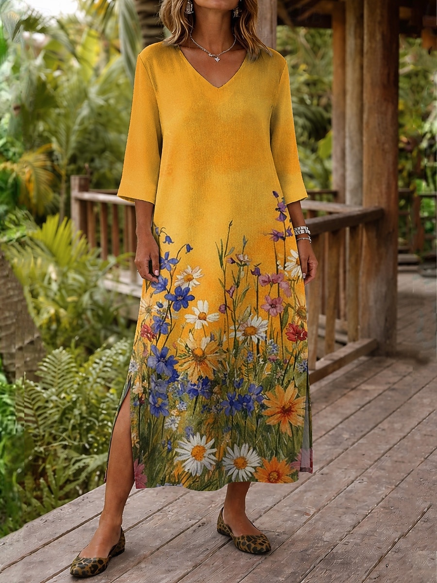 Damen Maxikleid Boho-Kleid Shiftkleid Sommerkleid Strandkleid Bohemien Urlaub Ethnisch Strand Ferien Date Normale Passform Blumen Grafik Abstrakt Dreiviertelarm V Ausschnitt Gelb Sommer Frühling 2026 - $39.99 –P1