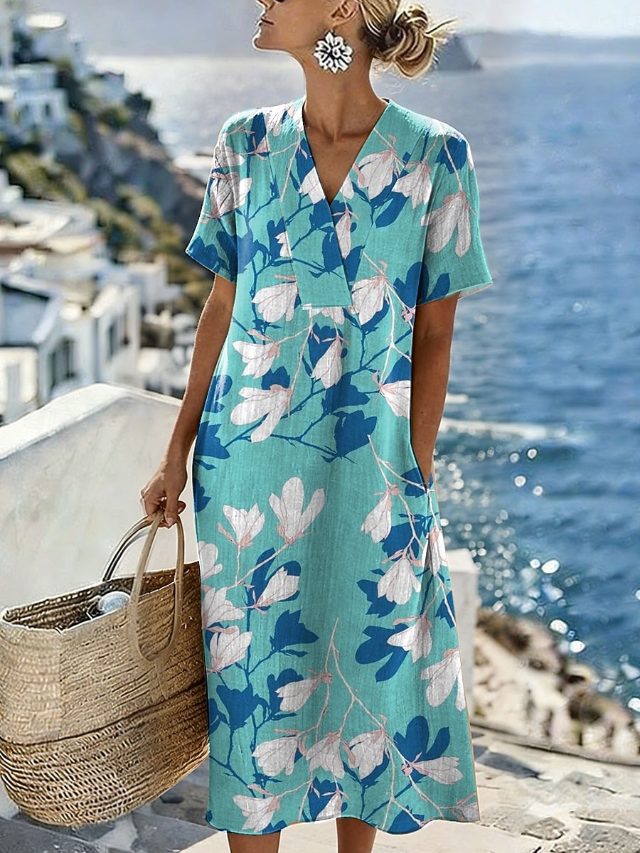 Per donna Abito Midi Abito a Tubino Vestito Estivo Vacanza Casual Spiaggia Vestibilità regolare Floreale Grafico Manica Corta Scollo a V Blu Bianco Rosa Viola Estate Primavera del 2026 a $39.99 –P3
