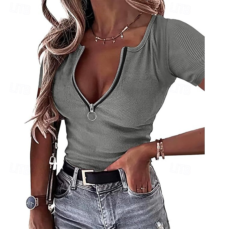 Women's T Shirt Zipper Solid Color Graphic Plain Casual Short Sleeve V Neck Regular Tops Daily Going out Weekend Black Wine Red Gray Summer Spring 2026 - $18.49 –P14