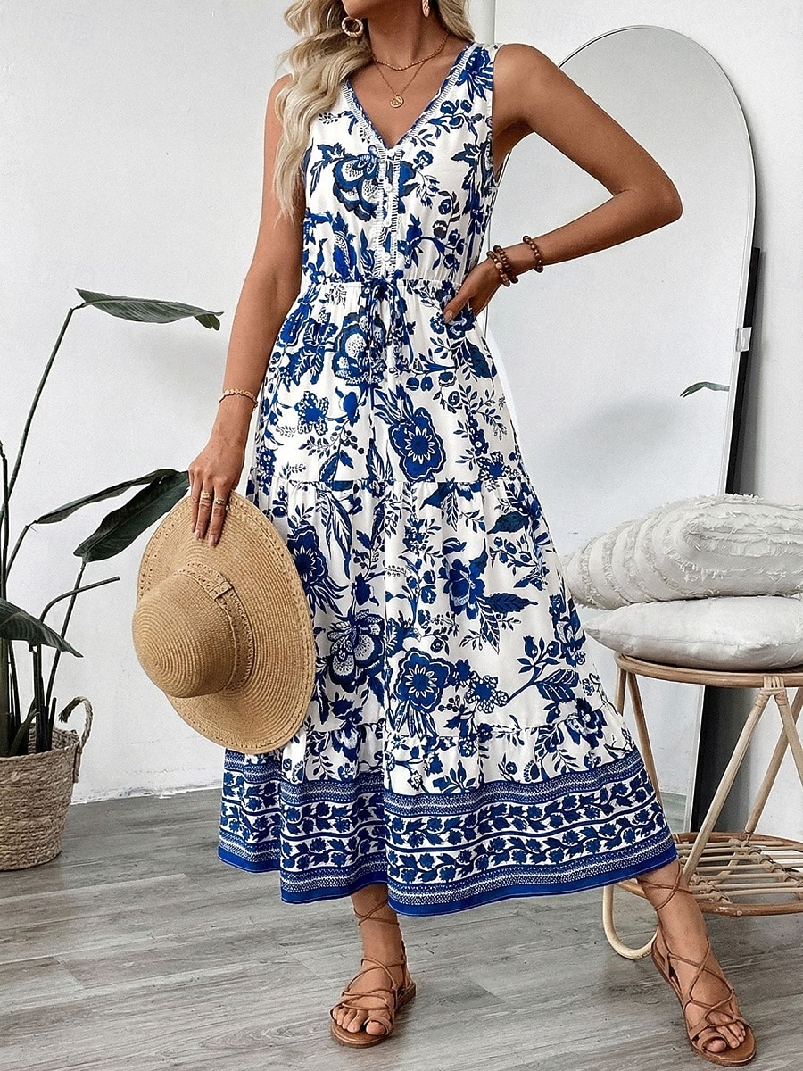 Dames Maxi-jurk A lijn jurk Slipdress Vakantie Casual Buiten Uitgaan Standaard pasvorm Bloemig Mouwloos V-hals blauw Zomer Lente 2026 - $41.99 –P7