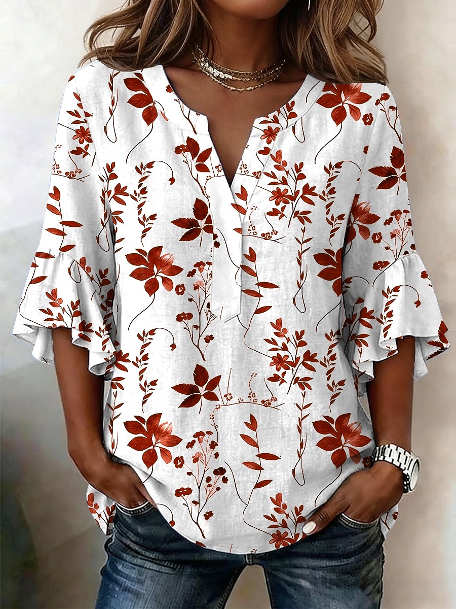 Mulheres Blusa Frufru Imprimir Floral Gráfico Férias Diário Retro Vintage Manga 3/4 Decote V Tops longos Casual Diário Feriado Azul Vermelho Roxo Verde Verão Primavera de 2026 por $26.99 –P3