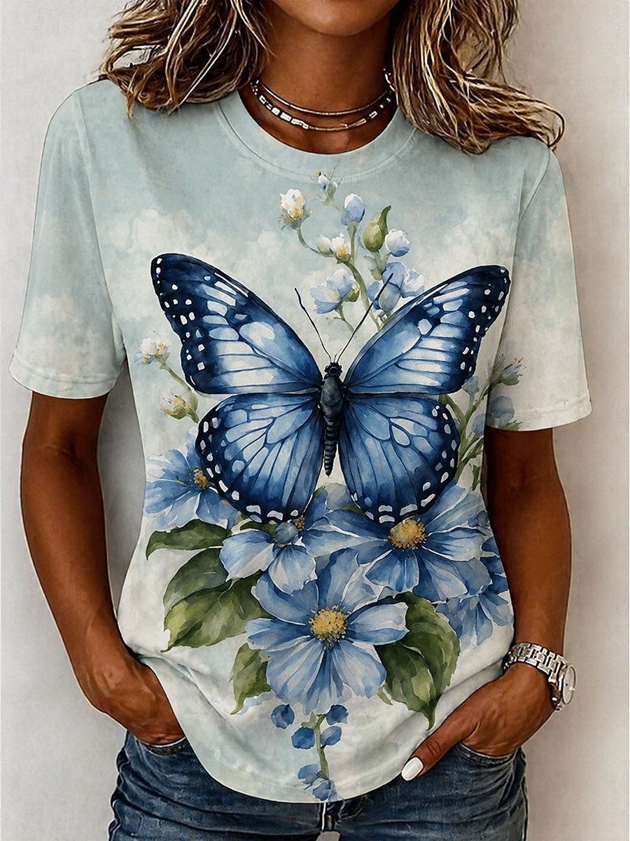 Per donna Maglietta Stampato Floreale Grafico Libellula Bohemien Hawaiano Elegante Manica Corta Girocollo Top Regolari Casuale Quotidiano Blu Giallo Rosa Viola Verde Estate Primavera del 2026 a $21.99 –P1