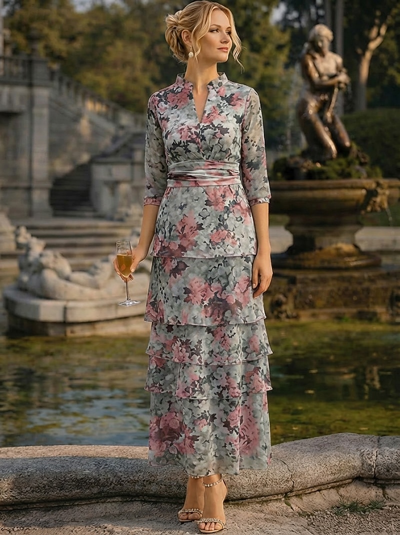A-Linie Kleid Knöchellänge Cocktailkleid Brautmutterkleid Dreiviertelarm V Ausschnitt Elegant Lässig Formell Hochzeitsgast Ferien Chiffon mit Blumenmuster Rüschen Kaskadierende Rüschen 2026 - $194.99 –P4