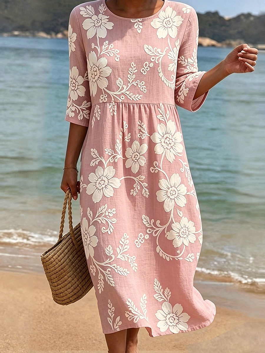 Women's Midi Dress Sundress Summer Dress Vacation Casual Boho Holiday Regular Fit Floral Graphic 3/4 Length Sleeve Crew Neck Blue Pink Purple Green Summer Spring 2026 - $34.99 –P7