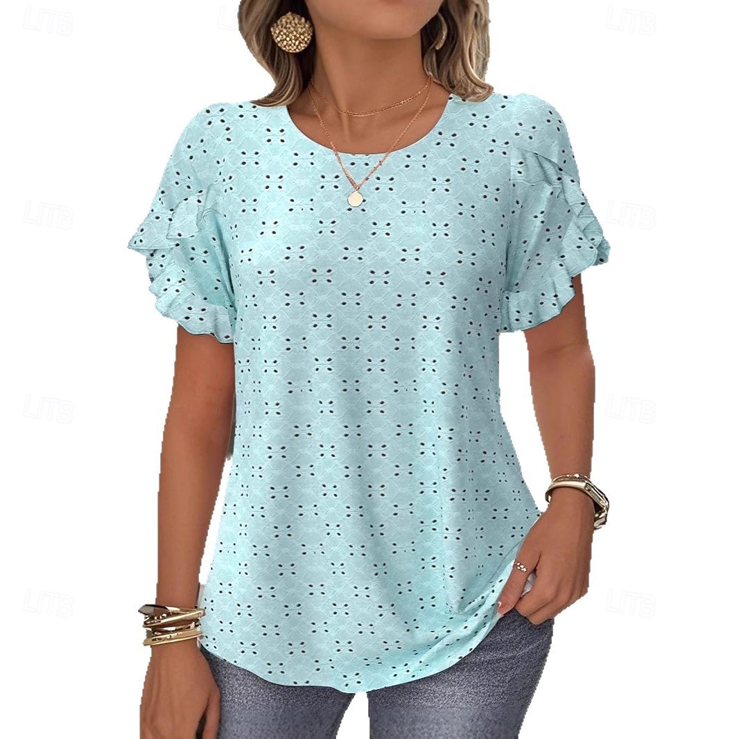 Mujer Parte superior con ojales Camiseta de punto Camiseta de encaje Color sólido Elegante Manga Corta Cuello Barco Tops regulares Casual Diario Fin de semana Bleu Ciel Verano Primavera 2026 - $25.99 –P4