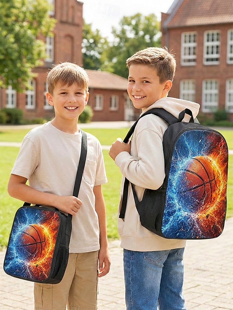 Kid's Basketball Print Backpack Lunch Bag Pencil Case 3-Piece Set, Polyester Large Capacity School Bag with Adjustable Straps for Back to School, Travel, Outdoor Sports 2026 - $34.99 –P2